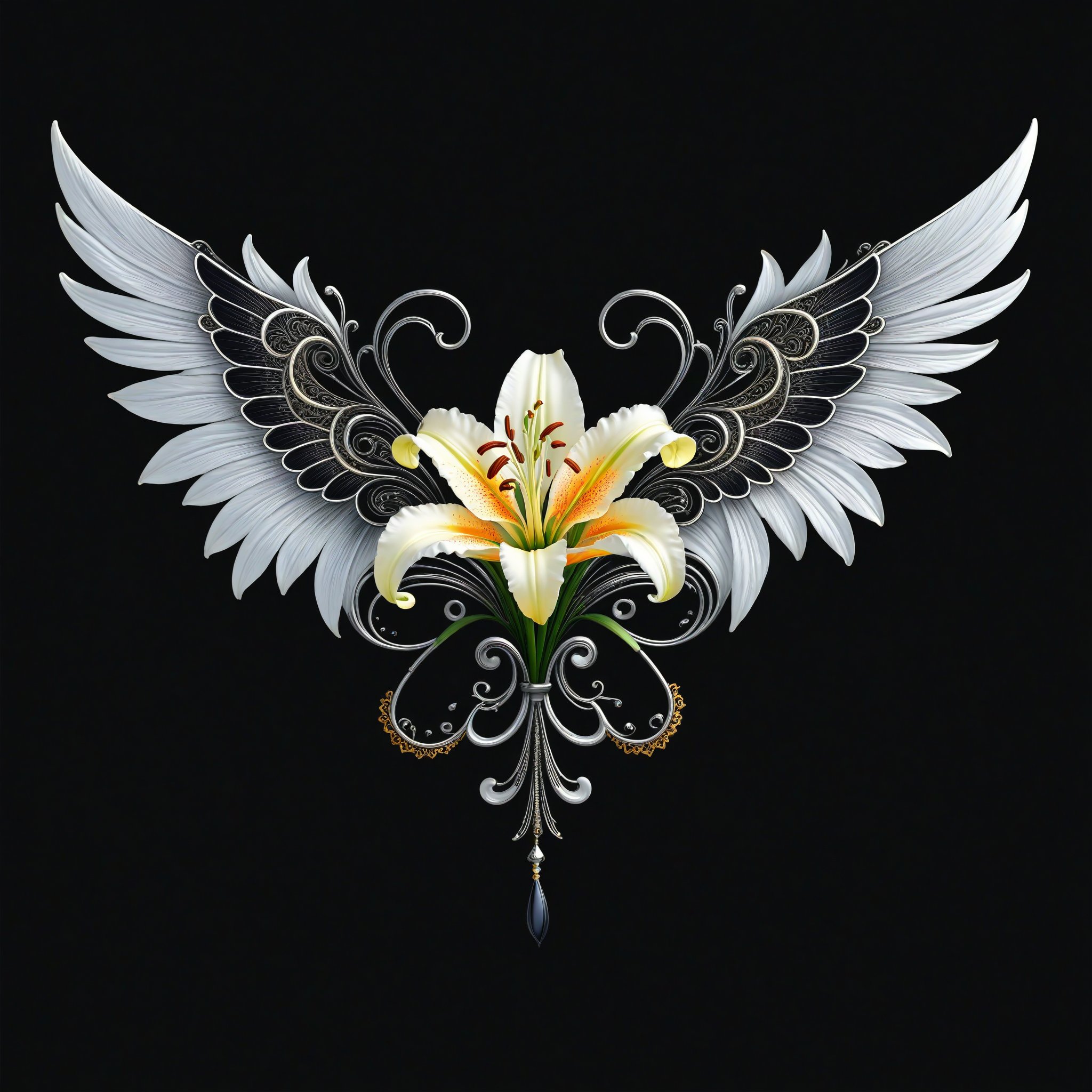 a Lily flower whit wing majestic with clasic ornament Mechanical lines Elegance T-shirt design, BLACK BACKGROUND