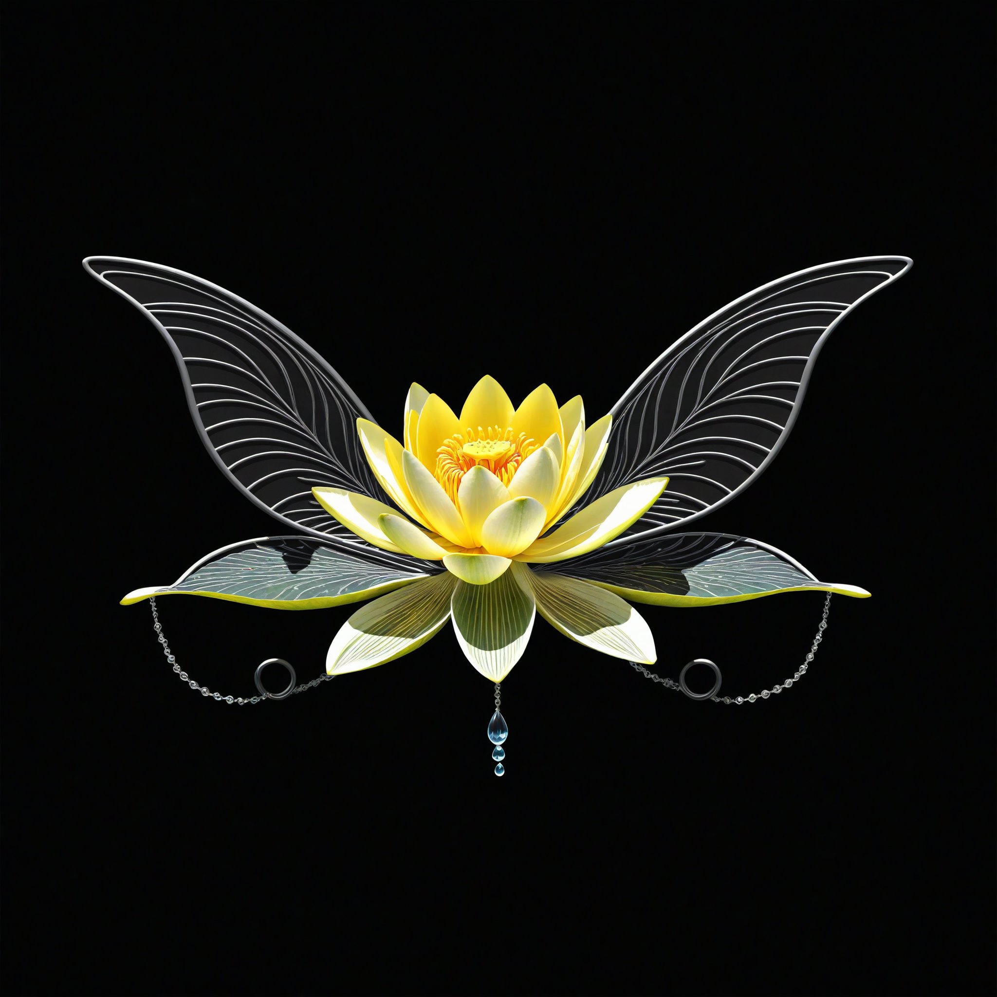 a water lily flower whit wing majestic with clasic ornament Mechanical lines Elegance T-shirt design, BLACK BACKGROUND