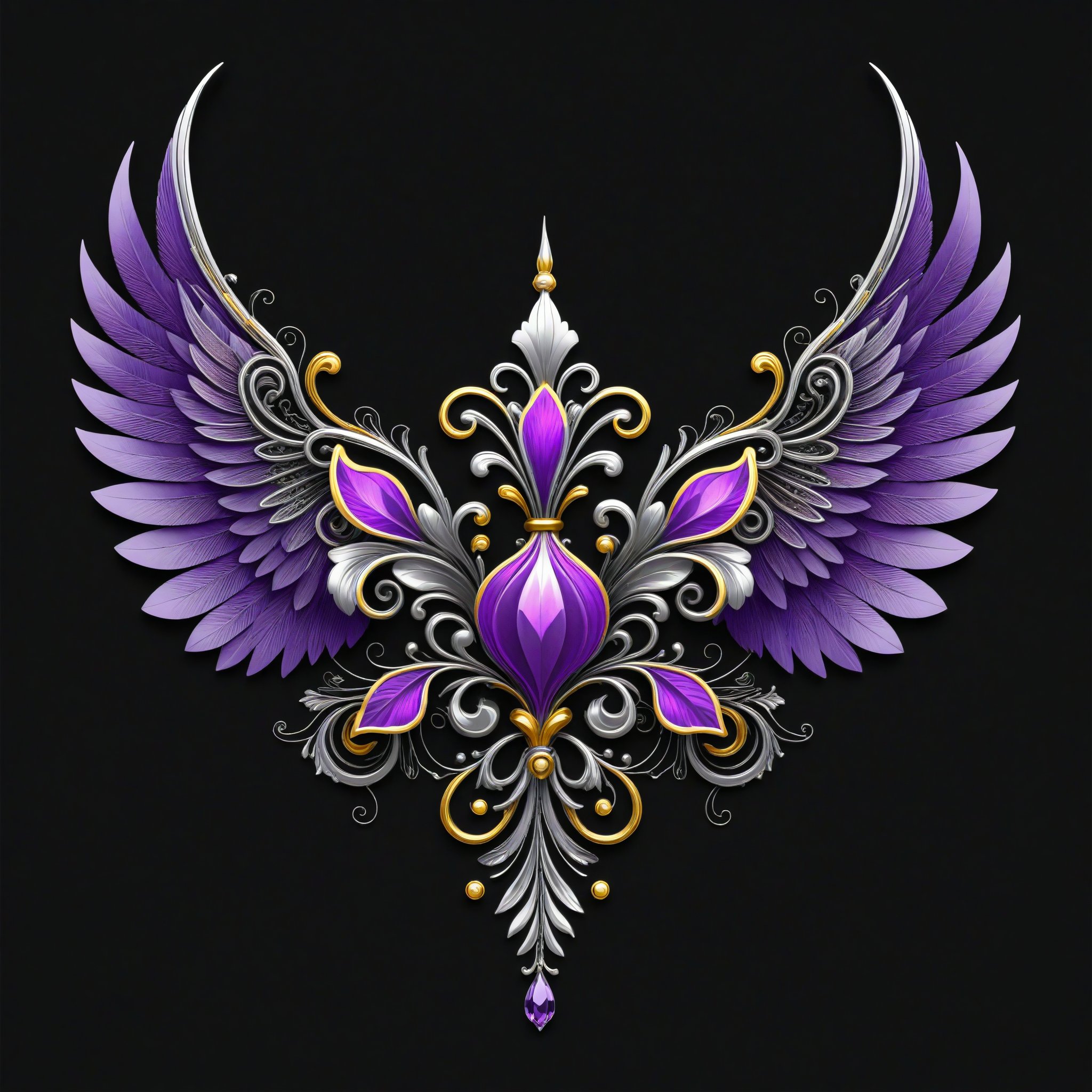 a violeta flower whit wing majestic with clasic ornament Mechanical lines Elegance T-shirt design, BLACK BACKGROUND