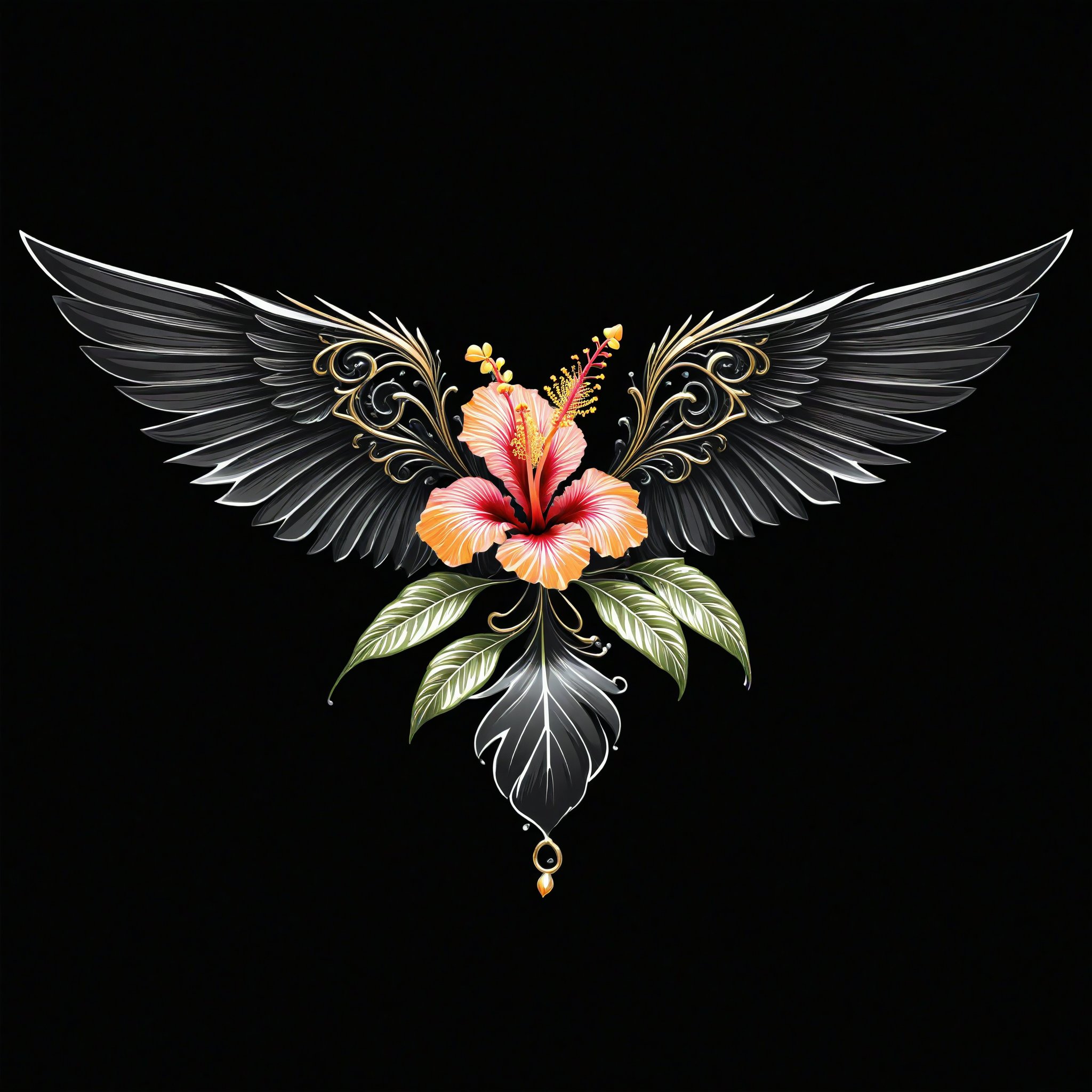 a hibiscus flower whit wing majestic with clasic ornament Mechanical lines Elegance T-shirt design, BLACK BACKGROUND