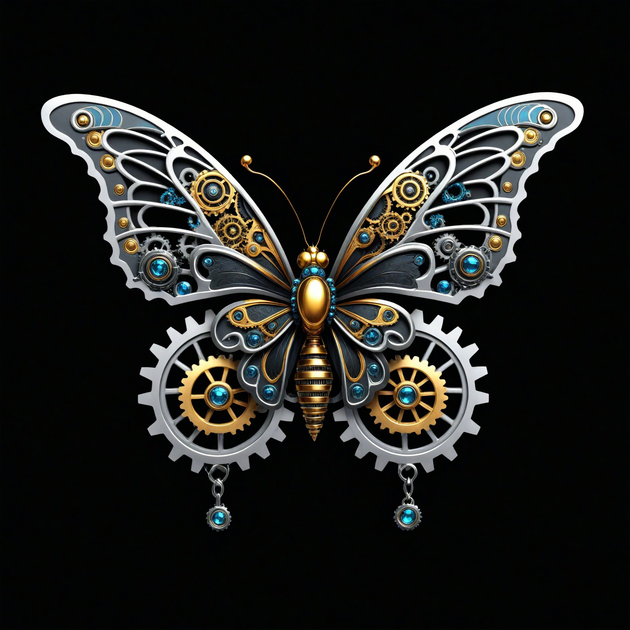 a butterfly with gears steampunk epic decoration, clasic ornament Mechanical lines Elegance T-shirt design, BLACK BACKGROUND