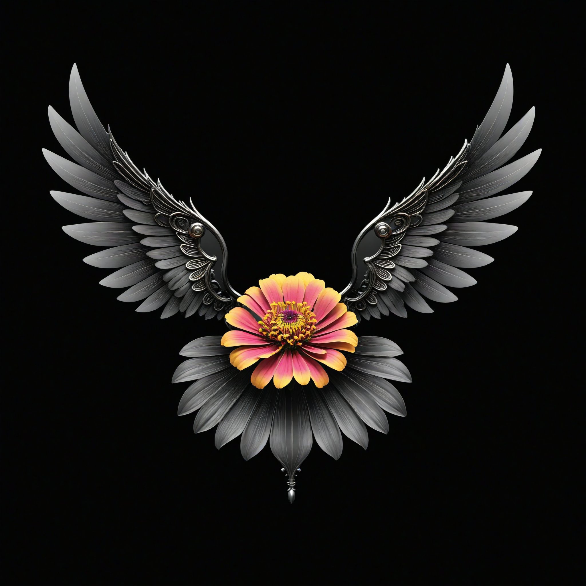 a zinnia flower whit wing majestic with clasic ornament Mechanical lines Elegance T-shirt design, BLACK BACKGROUND