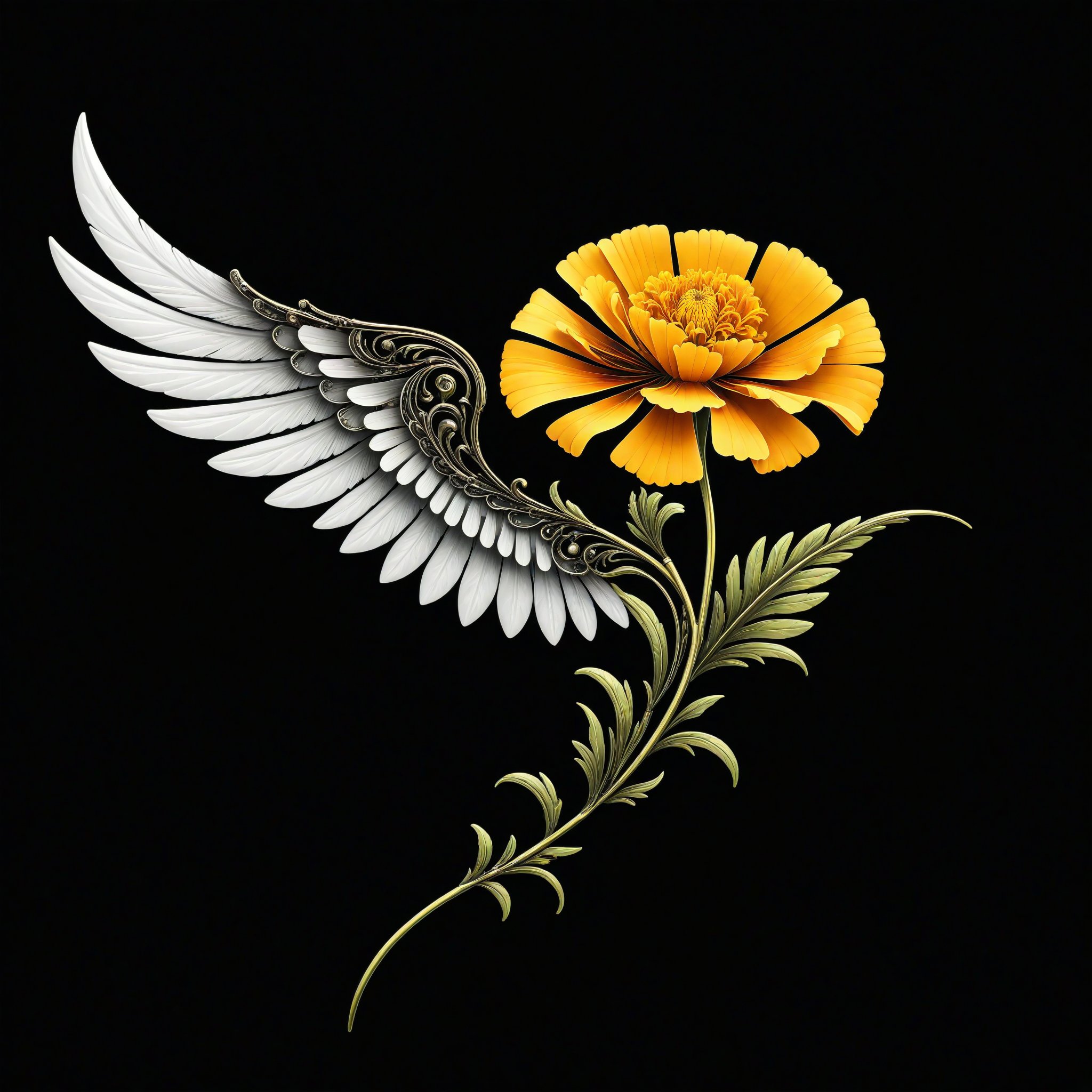 a marigold flower whit wing majestic with clasic ornament Mechanical lines Elegance T-shirt design, BLACK BACKGROUND