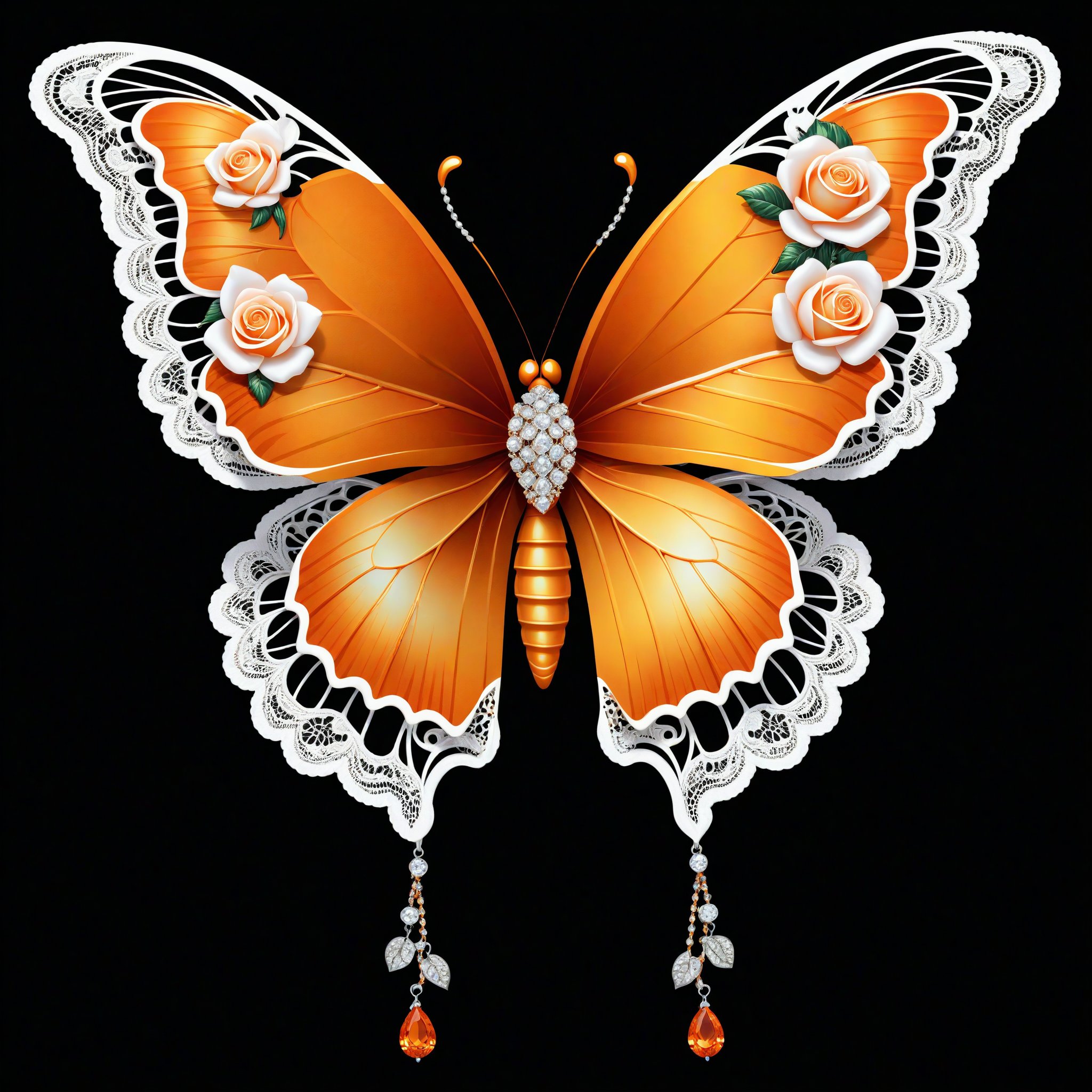 a butterfly iridicent orange whit lace bows roses elegant, with jewerlly epic decoration, clasic ornament Mechanical lines Elegance T-shirt design, BLACK BACKGROUND