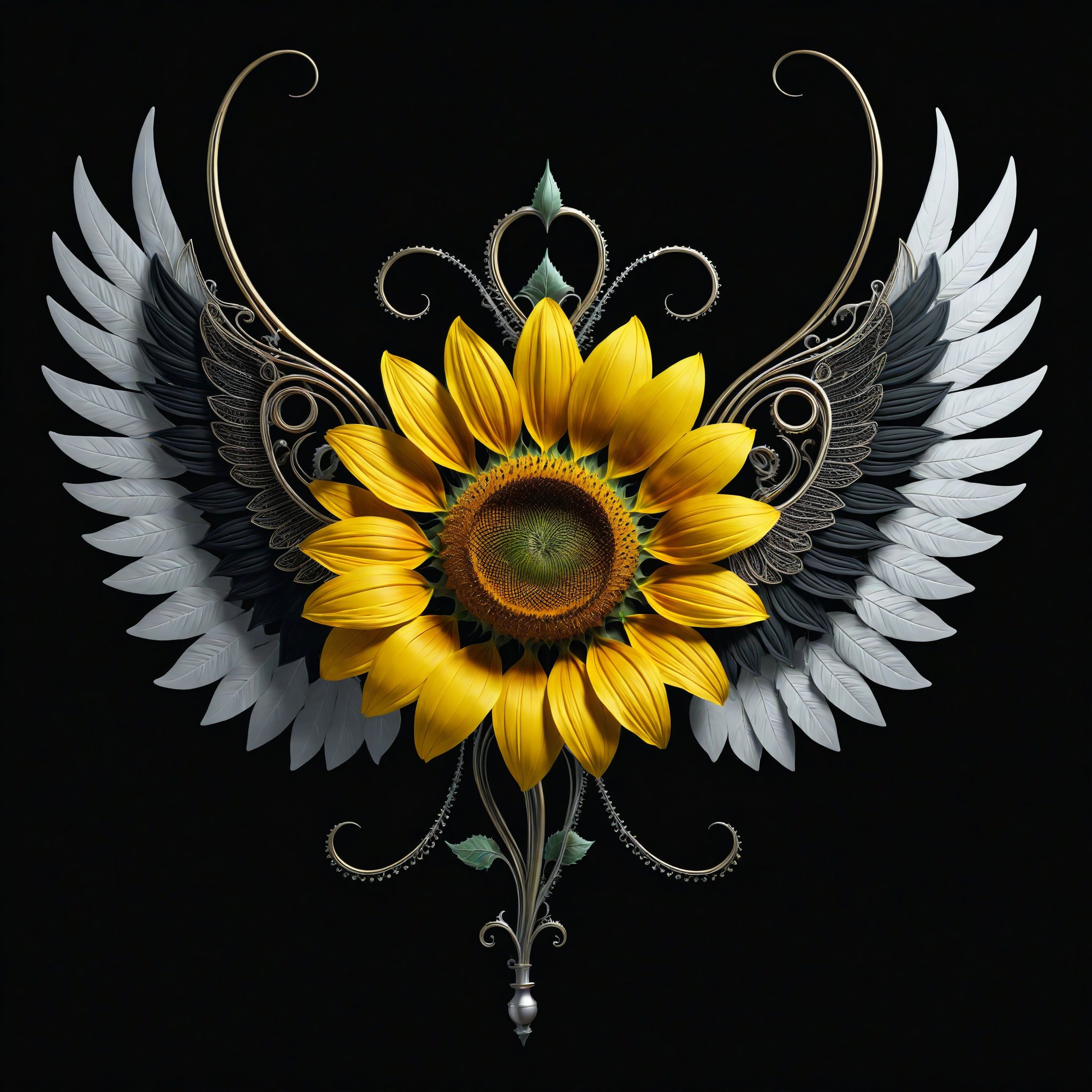 a sunflower whit wing majestic with clasic ornament Mechanical lines Elegance T-shirt design, BLACK BACKGROUND