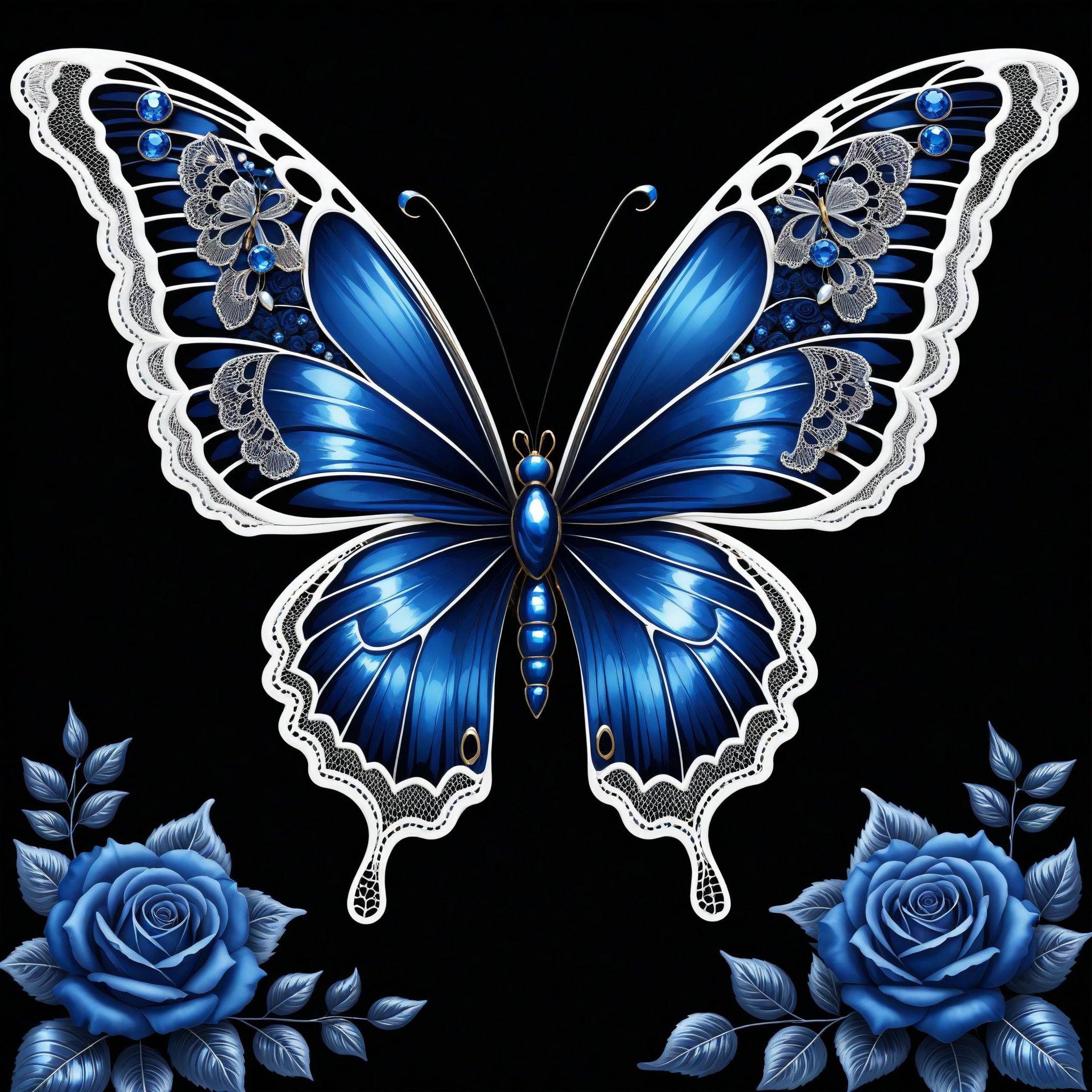 a butterfly iridicent dark blue whit lace bows roses elegant, with jewerlly epic decoration, clasic ornament Mechanical lines Elegance T-shirt design, BLACK BACKGROUND