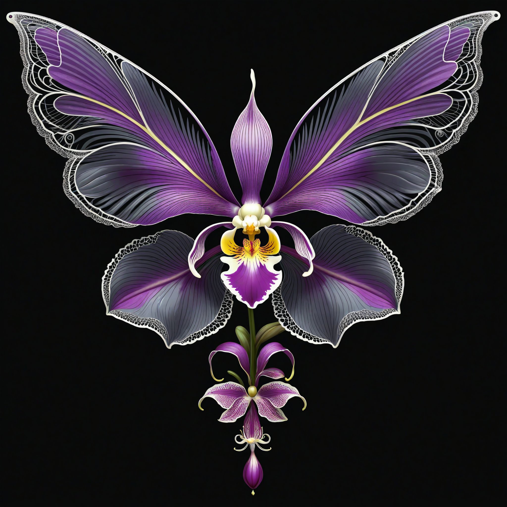 a Orchid flower whit wing majestic with clasic ornament Mechanical lines Elegance T-shirt design, BLACK BACKGROUND