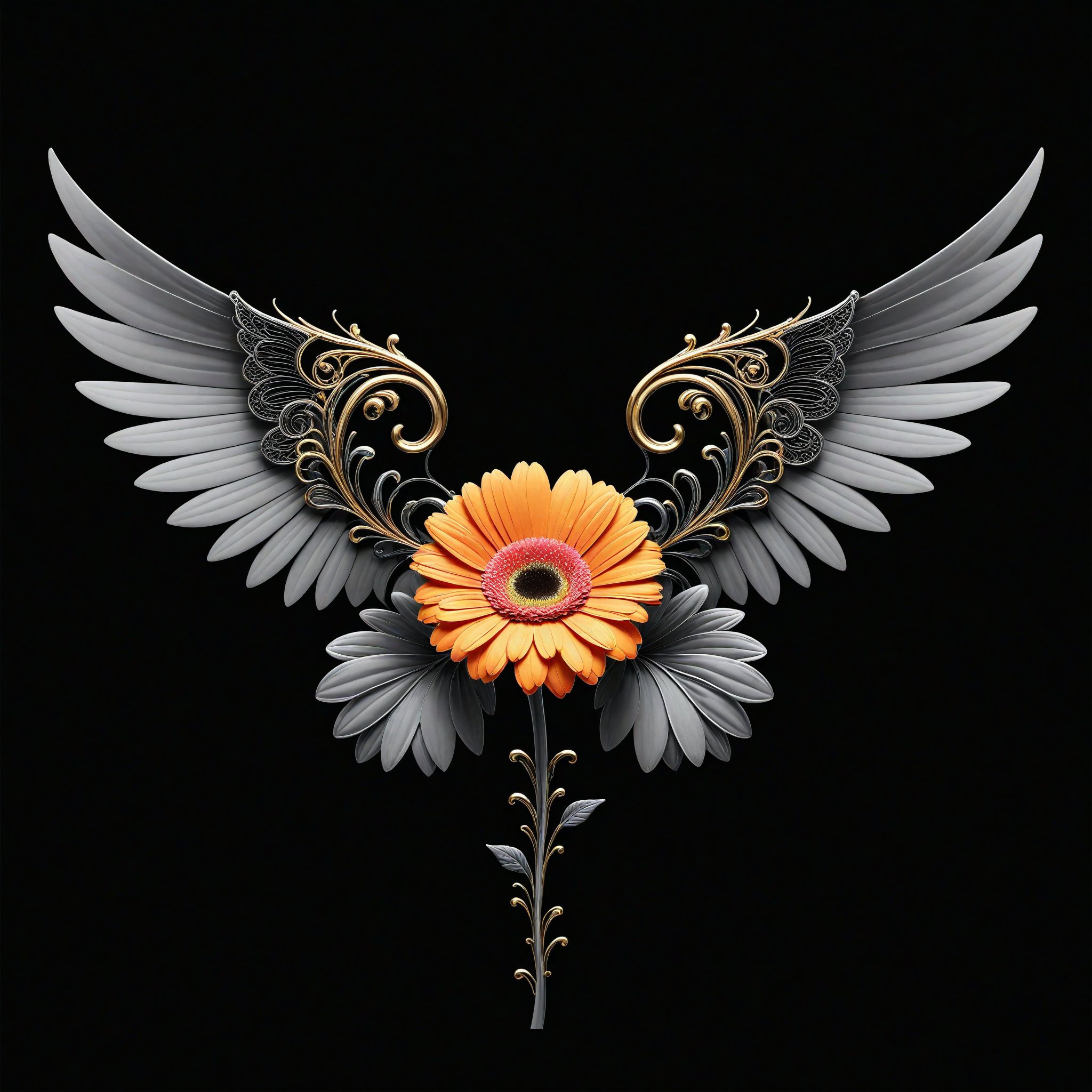 a gerbera flower whit wing majestic with clasic ornament Mechanical lines Elegance T-shirt design, BLACK BACKGROUND