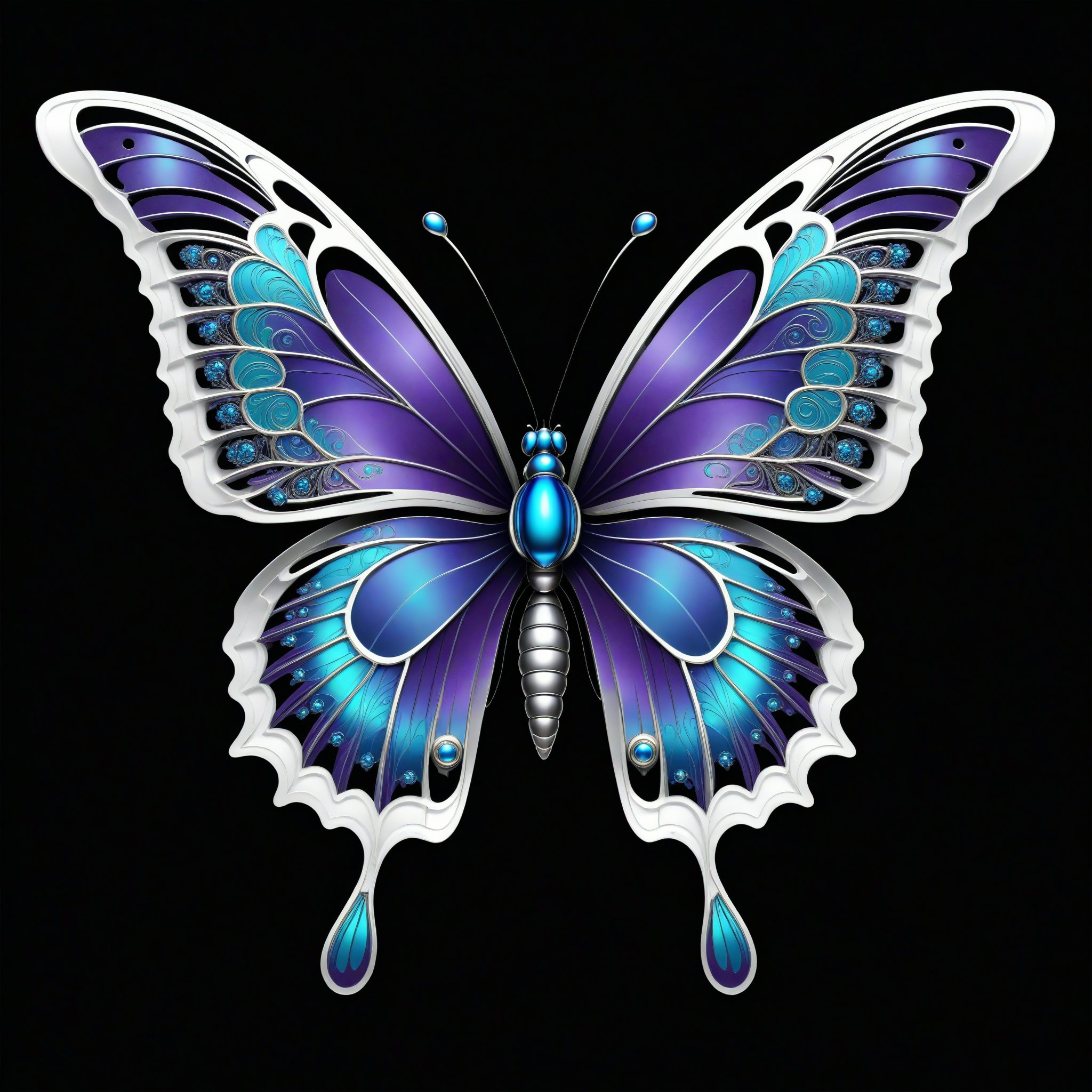 a butterfly iridicent whit clasic ornament Mechanical lines Elegance T-shirt design, BLACK BACKGROUND