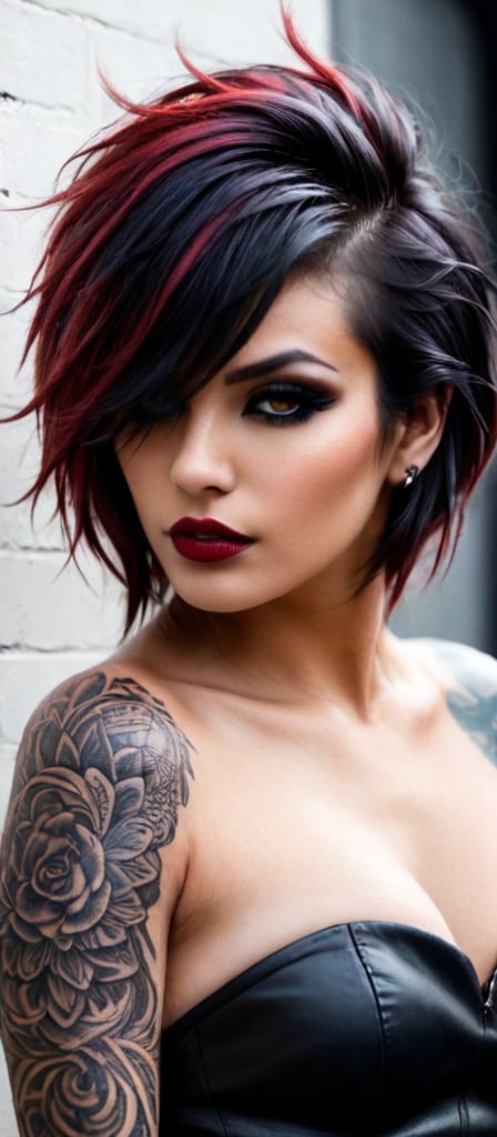 Generate hyper realistic image of a woman with a striking appearance. The woman is turned slightly to the side, giving a profile view that highlights the intricate details of her tattoo. Her expression is neutral, yet there is a hint of intensity in her gaze. Her hair is styled in a modern way, with a mix of black and red strands. The hair is tousled and has a slight windblown effect.  Her eyes are accentuated with dark eyeliner and eyeshadow, while her lips have a natural, glossy look. he is dressed in a strapless outfit, revealing her shoulders and the upper part of her chest. The outfit is made of a sleek, leather material. Her tattoo covers her shoulder and extends down her arm. The tattoo is a detailed and intricate demon design. The background is dark, with a focus on the woman illuminated by soft lighting. This lighting highlights the details of her tattoo and her facial features.