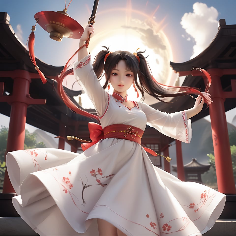 A girl, wearing a red bellyband, with two ponytails in her hair, holding an ancient Chinese sword, stands in mid-air, wearing a white dress, the sky is dark, and she is ascending through the tribulation.