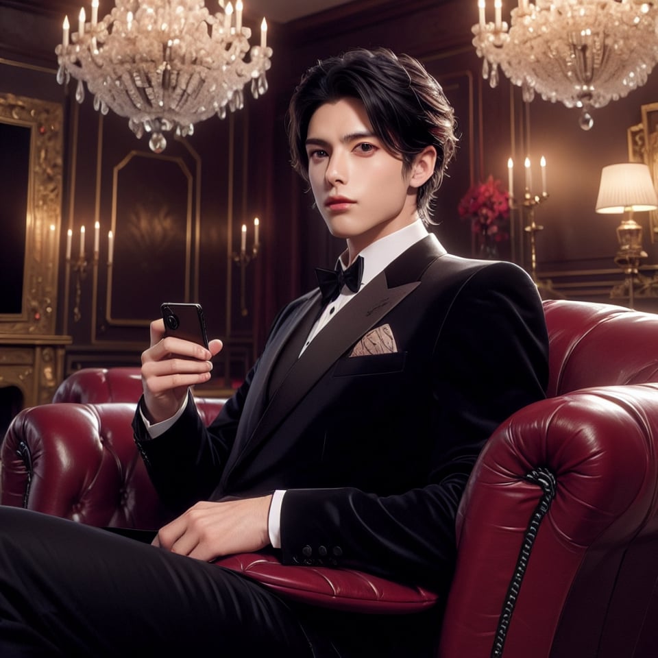 A stylish gentleman lounges on plush velvet sofa in a majestic villa's opulent living room, surrounded by rich wood paneling and ornate chandeliers. He's dressed in sleek black attire, his short, dark hair perfectly styled. Amidst the lavish decor, he's captivated by TV screen or engrossed in mobile phone, exuding an air of sophistication.