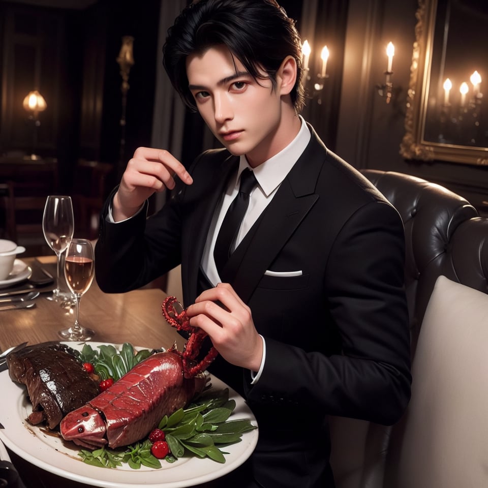 A lavish dinner setting: A debonair man with slick black hair and a tailored black suit sits elegantly across from his stunning girlfriend, her long white locks cascading down her back like a river of moonlight. Before them lies a sumptuous feast: succulent lobster, rich red wine, and tender steak, all artfully arranged on the fine china plate.