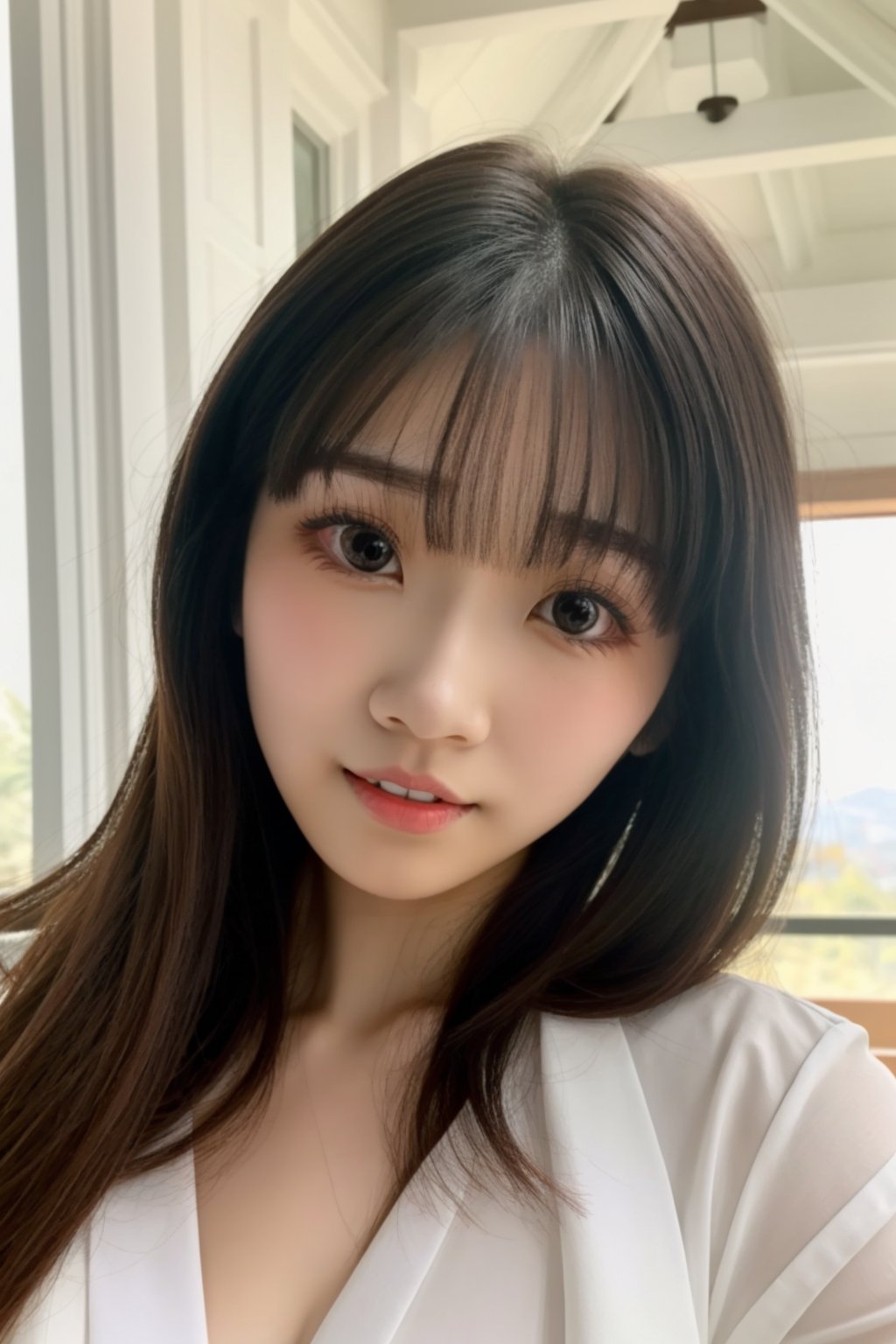 Cute girl with white skin, slim, long brown hair, bangs, double eyelids, large round eyes, long eyelashes, full body with legs and feet, light makeup, age 20 years old, kpop girl, tiktok girl, internet celebrities, metis (persona),Bomi