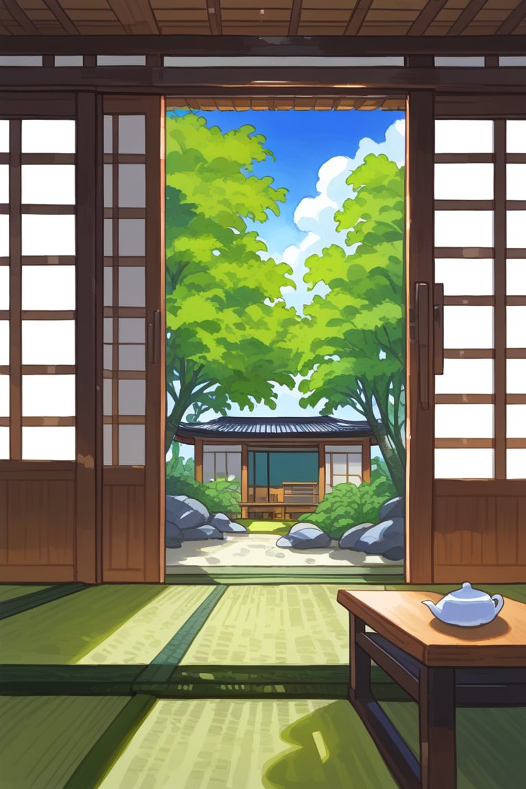 niji, A serene tea room within the museum, designed with tatami mats, low wooden tables, and sliding shoji doors, no humans, watercolor
,score_9,scenery