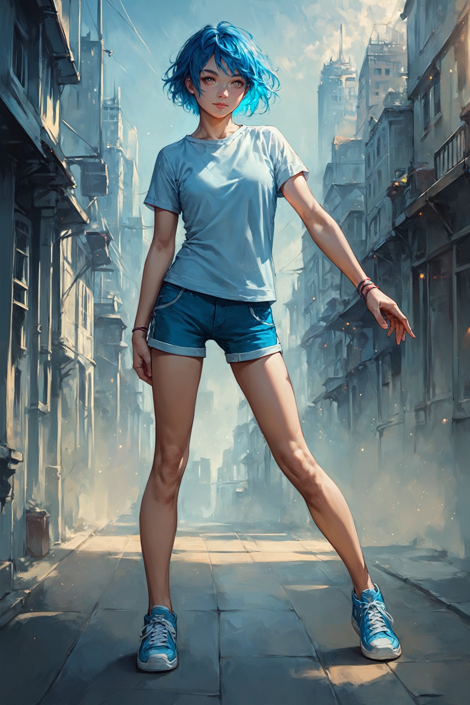 score_9_up, score_8_up, score_7_up, score_6_up, source_anime, 2D, flat colors, 1girl, blue hair, short hair, shirt, short sleeve, shorts, sneakers, standing, dynamic pose, city, fisheye lens, colorful details, ultra details, detailed background, c0l0urgl0w