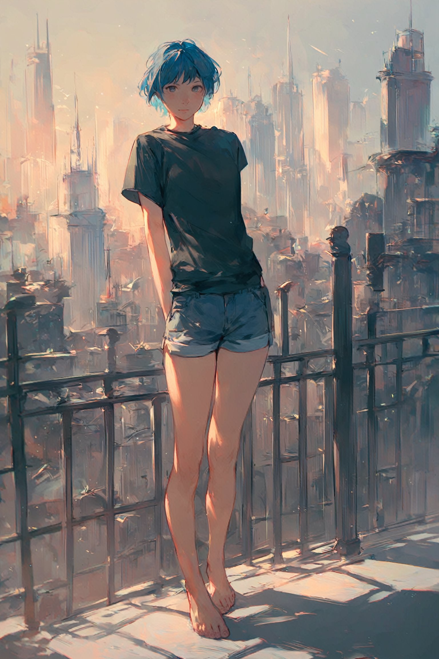 score_9_up, score_8_up, score_7_up, score_6_up, source_anime, high quality, 1girl, blue hair, short hair, shirt, short sleeve, shorts, barefeet, standing, dynamic pose, city, colorful details, ultra details, detailed background