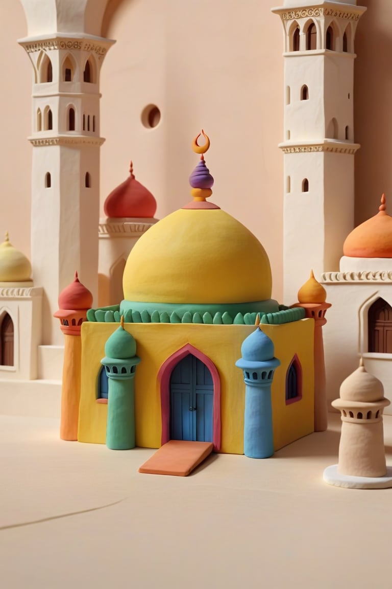 a mosque in a realistic model made entirely of plasticine, minimal architectural details very meticulously detailed, very realistic material texture, perfect shadow projection, perfect light effects and contrast, realism pushed to the extreme, perfect intrinsic details, different tones of material achieving unparalleled harmony and realism, masterpiece, divine, cinematic, ultrarealistic, hyperrealistic,play-doh style,sculpture, clay art, centered composition, Claymation,claymation,detailed background leaving room for the central image,sharp focus,Building,