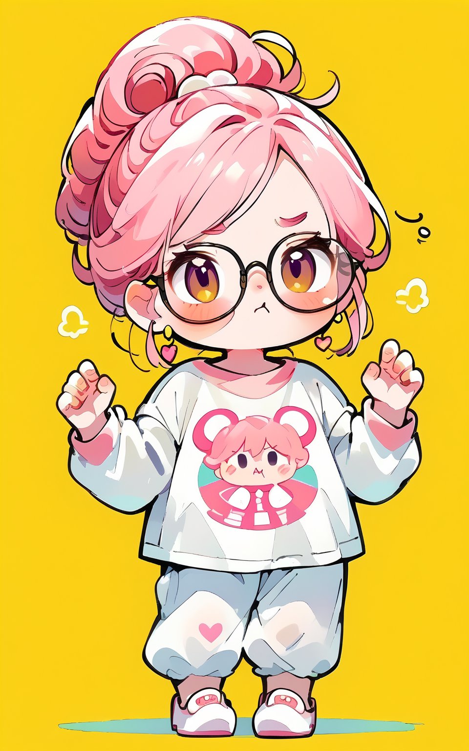 score_9,score_8_up,score_7_up, chibi, chibi style, 1girl,looking at viewer,bangs,simple background,shirt,long sleeves,jewelry,closed mouth,full body,pink hair,heart,earrings,hair bun,hair down,yellow background, no glasses,clothes writing,sleepy face,red-framed eyewear,white pajamas,hands up 
