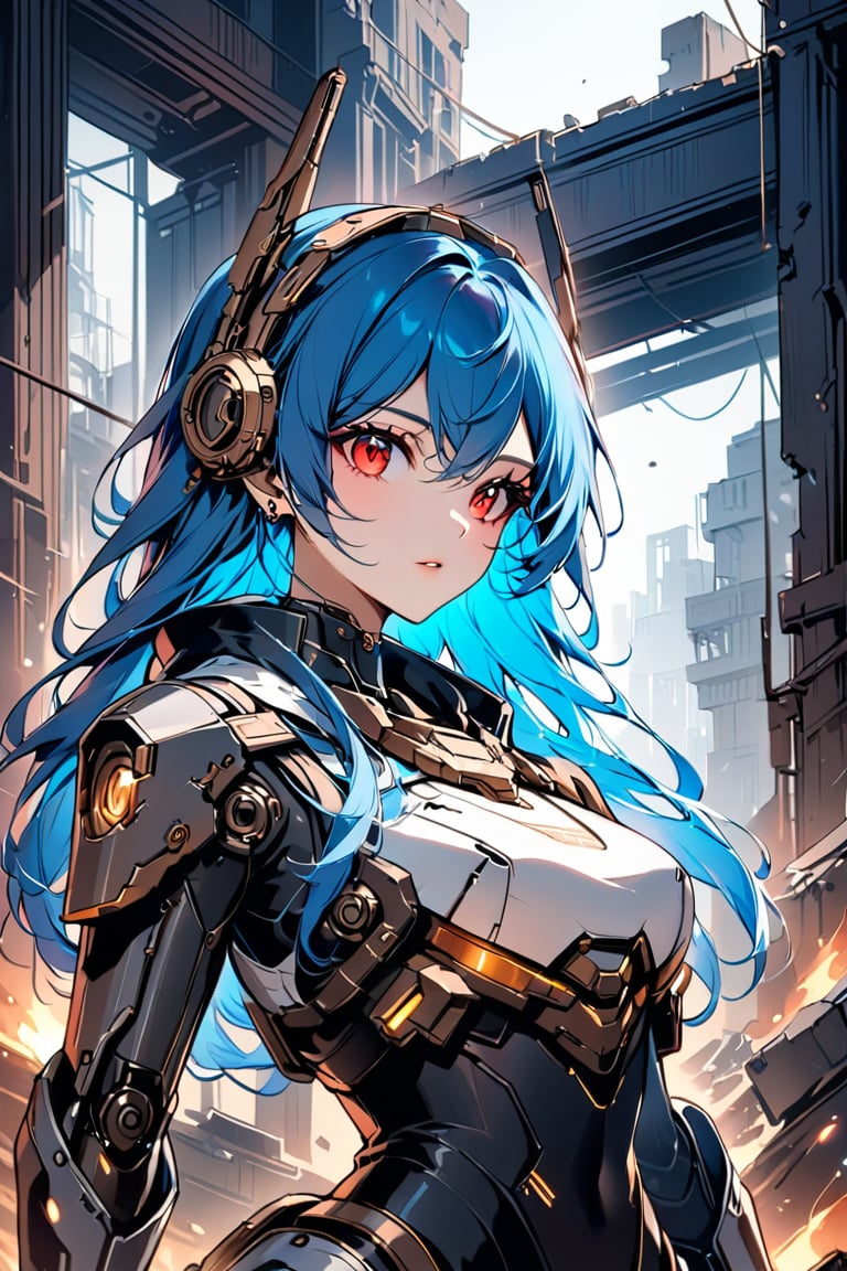 A close-up shot of 'Rusty', the mechanized android girl, framed by the ruins of a once-great city. Her steampunk armor, adorned with intricately crafted gun mechanisms, glints in the dim light. Rusty's mechanical face and body parts seem almost human, except for her striking features: vibrant blue hair with black locks, and piercing red eyes that seem to burn with an inner intensity.