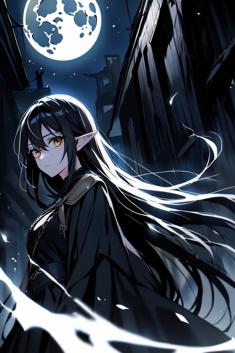 Close-up shot of a mysterious Dark Elf, lurking in the dark shadows of an abandoned mediaval street at night. Her raven-black hair, streaked with striking white locks, stands out against the eerie backdrop. The only illumination comes from a lone moon, casting an otherworldly glow that adds to the tragic atmosphere. The subject's enigmatic gaze seems to draw me in, as if she's beckoning me into her world of secrets and shadows.