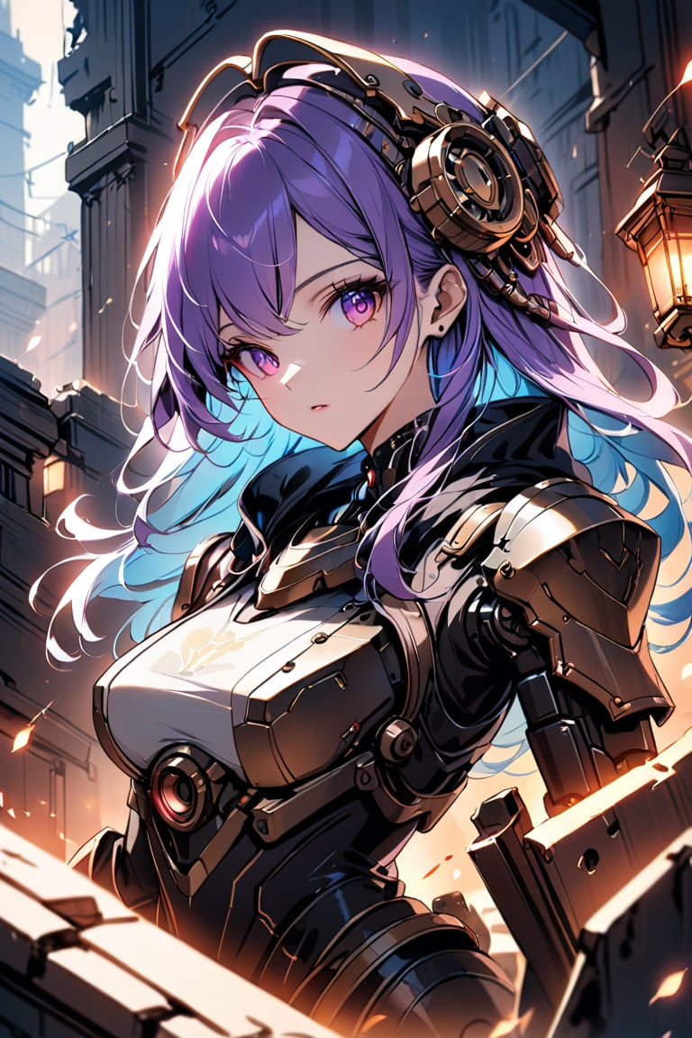 A close-up shot of the android girl's mechanized face and armorsome detail: Her artificial skin glows with a subtle blue hue under the warm light of a flickering gas lamp, casting long shadows on the ruins behind her. A few loose purple locks frame her mechanical eyes, where red LED lights pulse like embers. The steampunk armor's brass components gleam in the dim light, adorned with miniature cannons and intricate engravings, as if crafted by a mad inventor. Her gaze is fixed intently on something beyond the camera's view, her mechanical lips pursed in concentration.