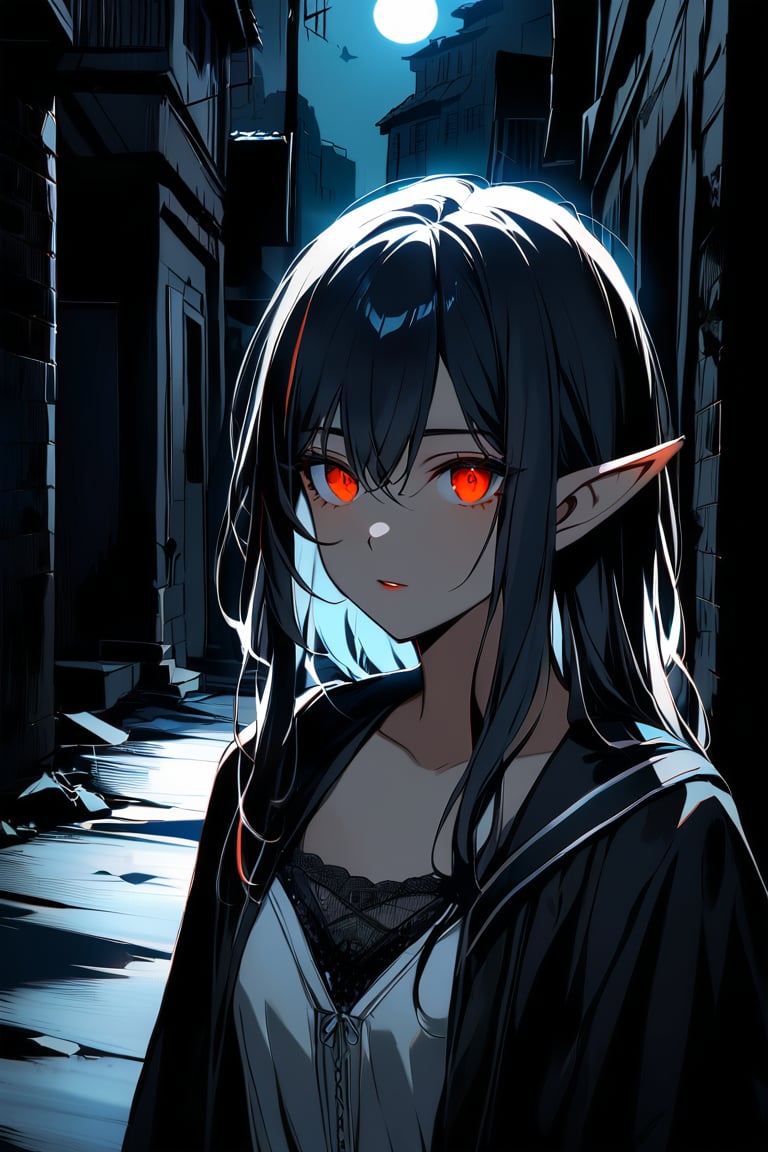 Close-up shot of a mysterious Dark Elf, with the skin color of the ashes, lurking in the dark shadows of an abandoned mediaval street at night. Her raven-black hair, streaked with striking white locks, stands out against the eerie backdrop. The only illumination comes from a lone moon, casting an otherworldly glow that adds to the tragic atmosphere. The subject's enigmatic gaze seems to draw me in, as if she's beckoning me into her world of secrets and shadows.