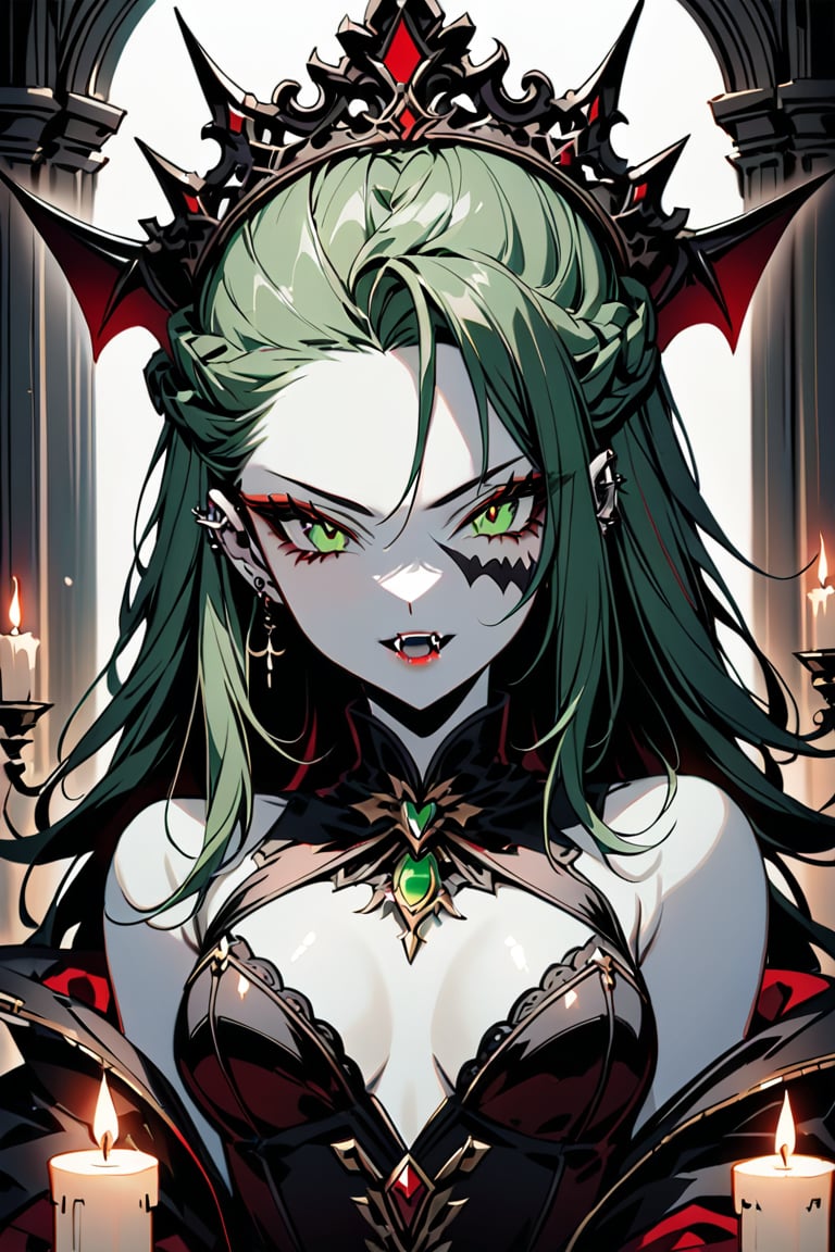 A close-up shot of the vampire queen's twisted visage, illuminated only by flickering candles that cast an eerie glow on her pale skin. Her eyes burn with a manic intensity, their piercing green gaze seeming to bore into the camera lens. The dark, ornate throne room surrounds her, its red, black, and white color palette reflecting the turmoil brewing within. The queen's lips are pulled back in a snarl, revealing razor-sharp fangs as she seethes with malevolent power.
