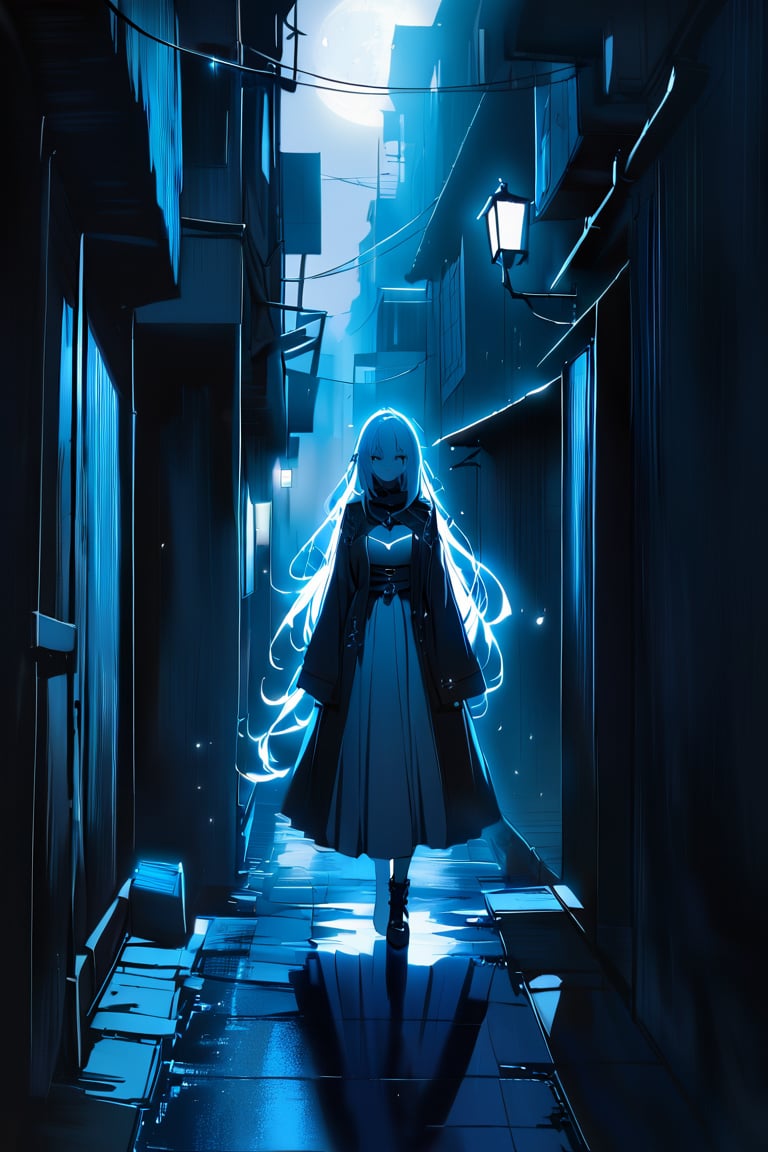 In a dimly lit alleyway, a mysterious dark elf emerges from the darkness, her raven tresses illuminated by streaks of white hair, like wisps of ethereal smoke. The deserted street stretches out before her, an eerie canvas bathed in the soft, melancholic glow of a distant moon.