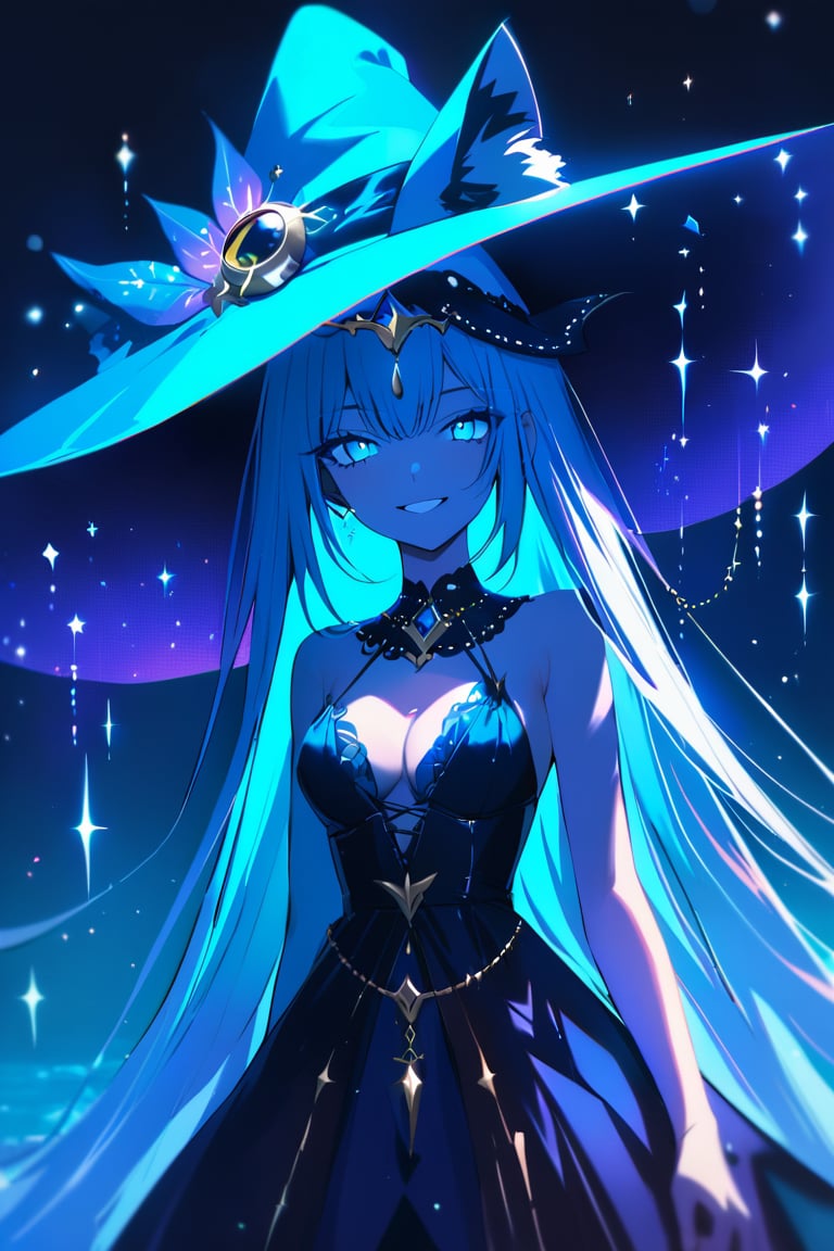 A close-up shot of a bewitching sorceress wearing an extravagant hat and a flowing, ocean-inspired evening gown. Her face is illuminated by glowing neon markings in shades of deep-sea blue, casting an otherworldly glow on her wicked grin. The camera frames her features with deliberate precision, drawing attention to the subtle malevolence lurking beneath her enchanting facade.
