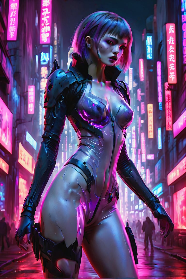 image with red lighting, violet shadows and pink lights, a very young vampire woman, wearing sensual, revealing and transparent clothing, searches for victims in the city,