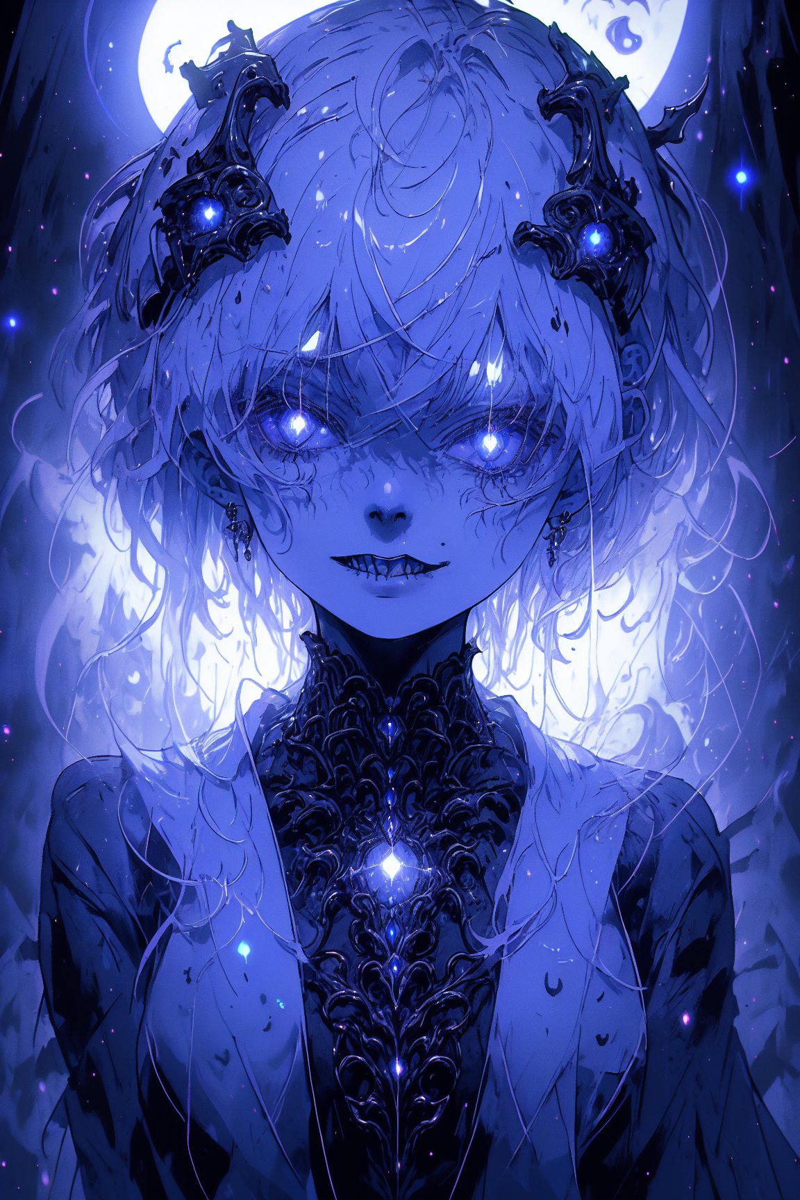 (masterpiece, best quality, highres:1.3), ultra resolution image, (1girl), female, (solo), white hair, eyes glinting, eerie charm, blue eyes,  (spectral chic:1.4), cryptic, labyrinthine cemetery, gothic arches, elegance, highly detailed surreal portrait, long hair, biomechanical jaw, sharp metallic teeth, dripping liquid, glowing eyes, cyberpunk, horror , striking, pastel, soft (necropolis:1.5),glitter, ohterworldly energy, green wisps, moonlit paradise,  (mystic tranquility:1.3), realm of the decease, chaosmix