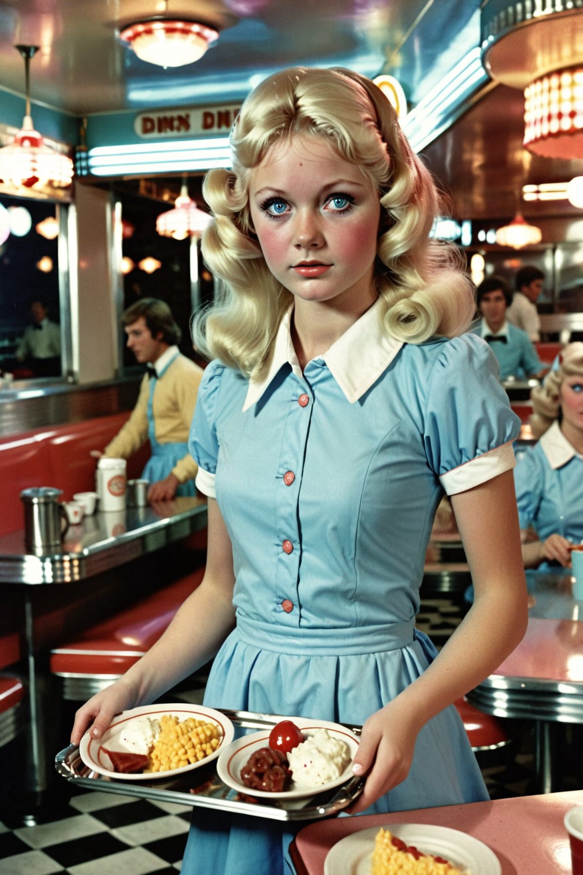 1girl, blue eyes, blonde hair,  wearing a 70s waiter dress, carry a tray filled with plates,   in a diner, highly detailed , high resolution, VTWXL
