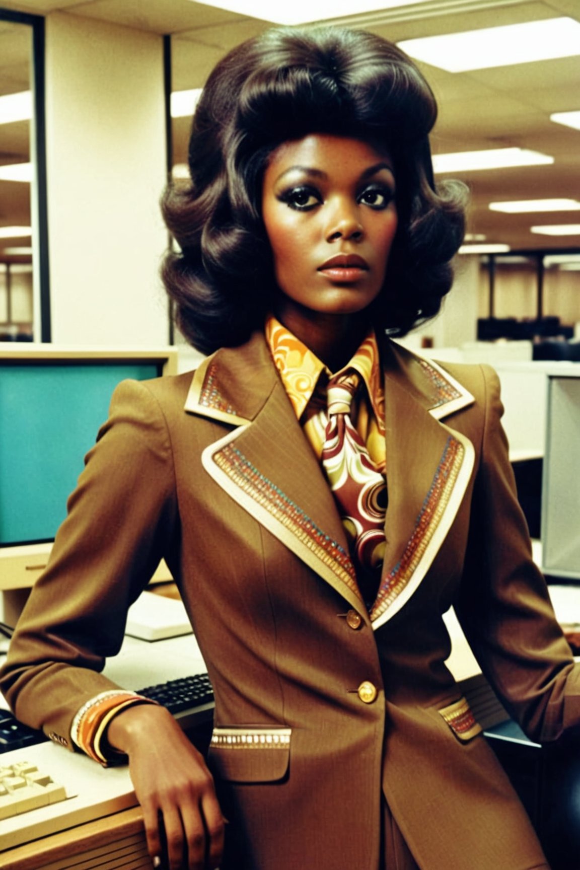 1girl, dark brown skinned ,  wearing a 70s suit,  70s computer , in an office , highly detailed , VTWXL
