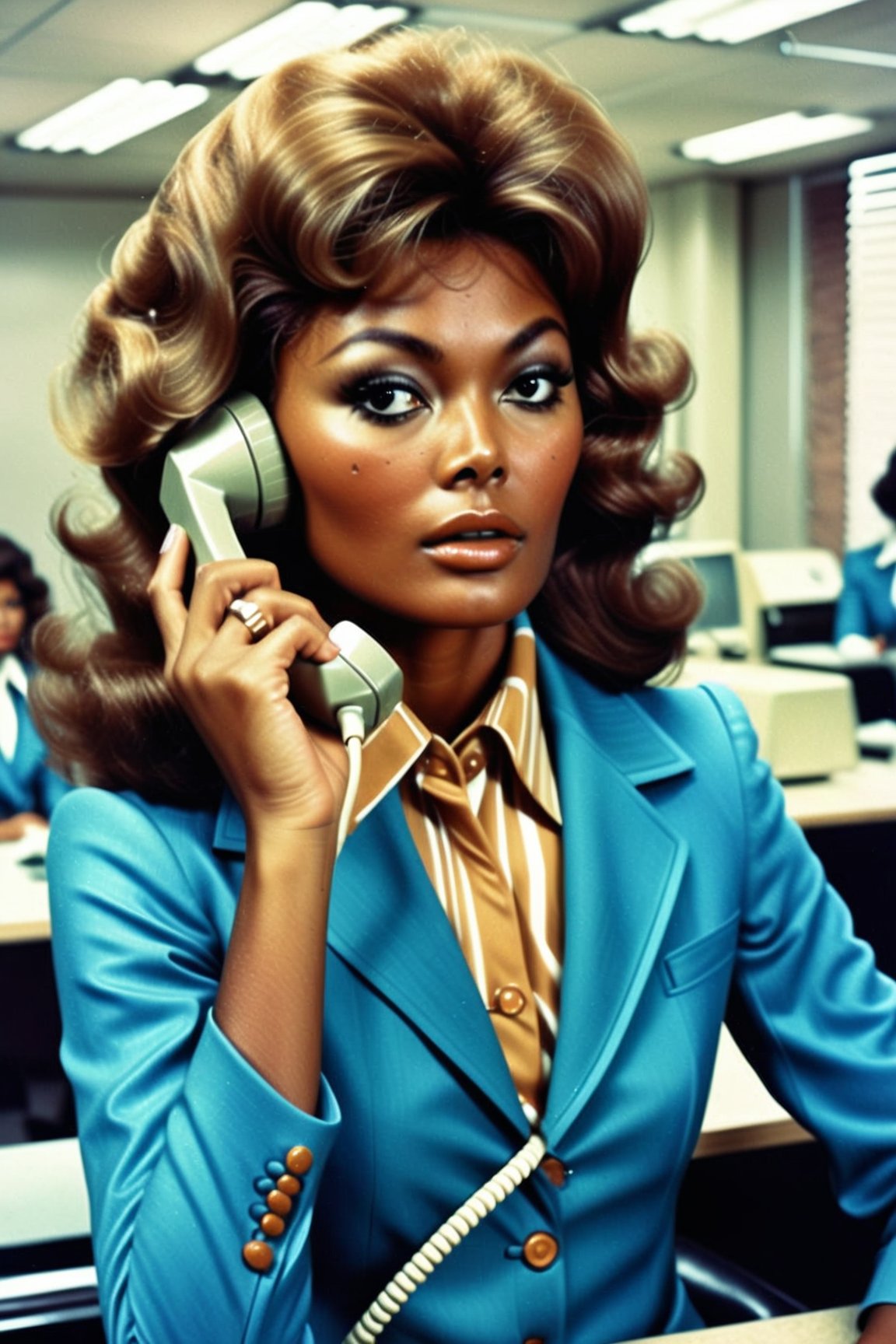 1girl, caramel skinned ,  wearing a 70s blue suit, on the telephone , in an office , highly detailed , VTWXL