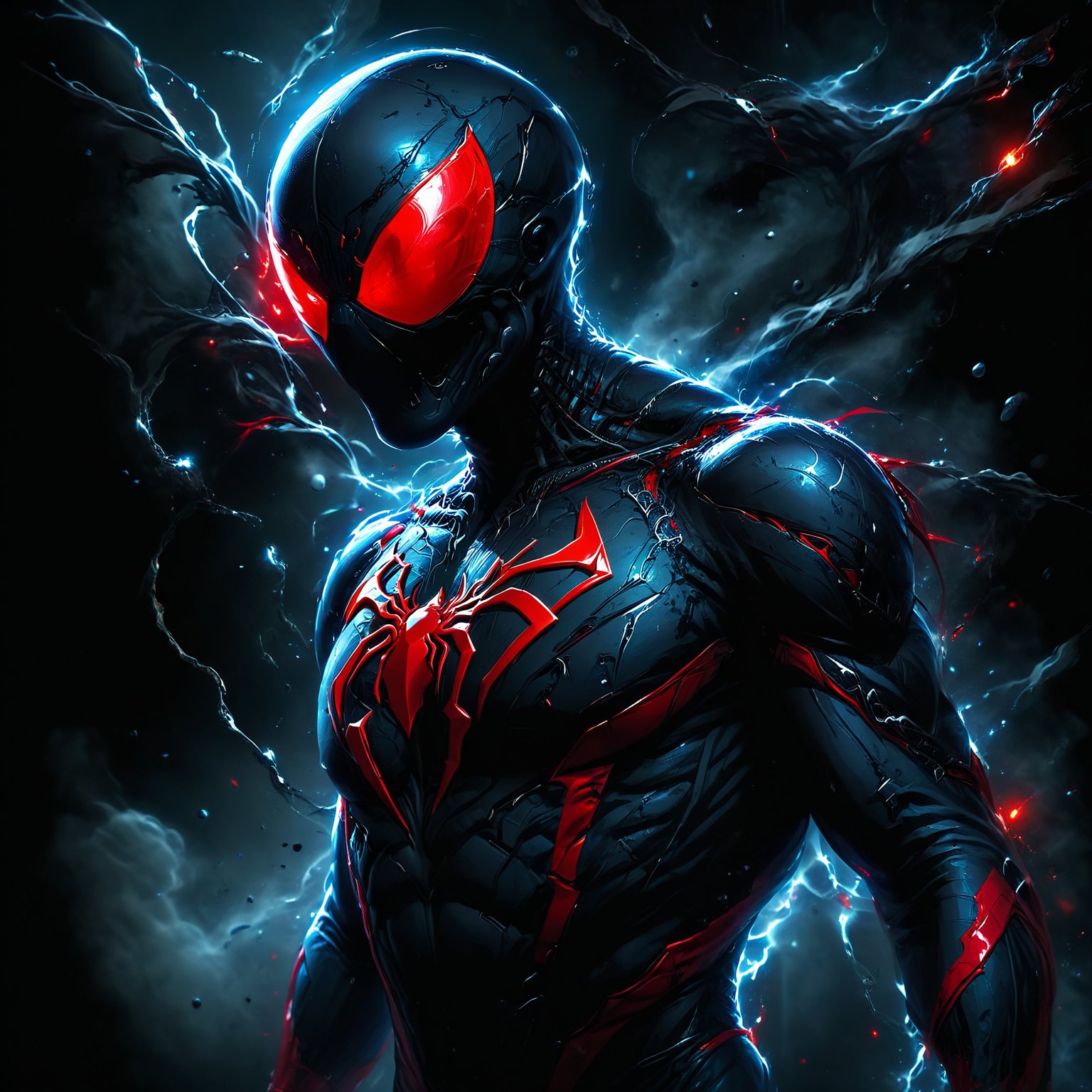 Spiderman with venom , dark fog , red eye , futuristic, hd and 8k quality 