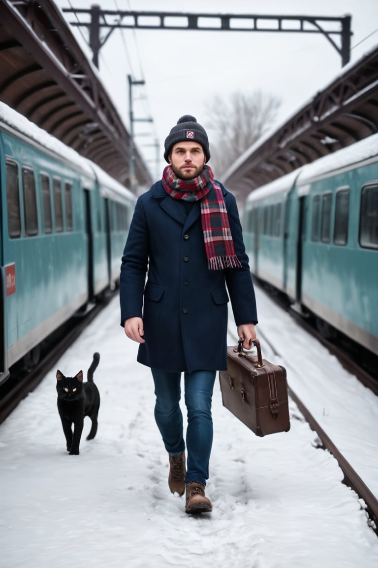 masterpiece, (photorealistic:1.4), 2 cats, walking, realistic, hat, ((holding)), standing, bag, scarf, blurry, coat, no humans, depth of field, blurry background, animal, cat, walking, realistic, beanie, winter clothes, ((UK style clothes)), animal focus, suitcase, clothed animal, falling_snow, at train station,