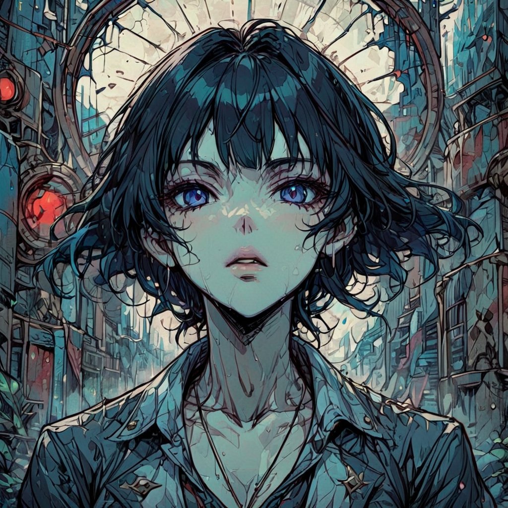 Highly Detailed, High Quality, Masterpiece, Beautiful, Dominant, Dark Fantasy, Anime, 80Style, Only One, portrait,Dark Manga of