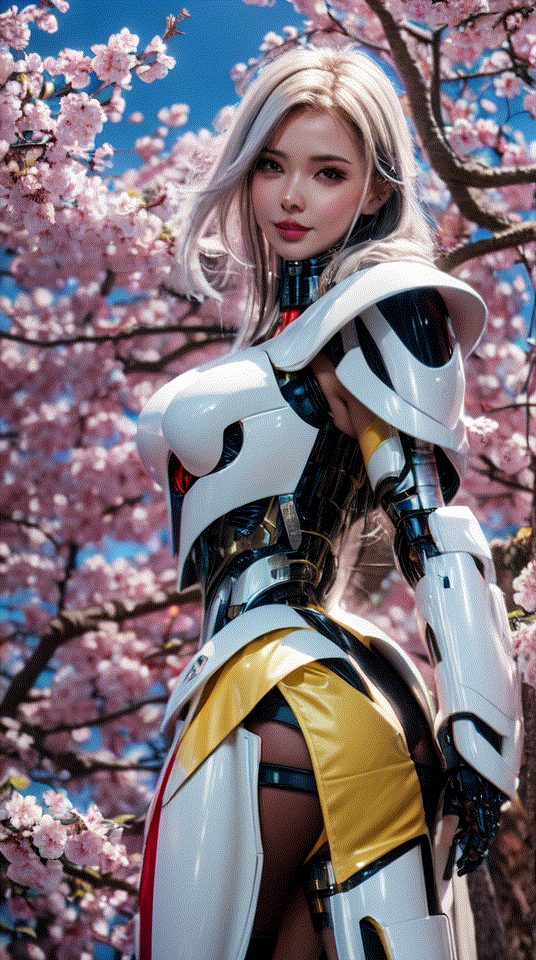 masterpiece, best quality, 1girl, yellow eyes, Beautiful face, delicate eyes, smile, long hair, white hair, tree, stairs, standing, sky, cherry blossoms, temple, looking at viewer, upper body, from below, looking back, ((Mecha)), young girl, Cyberpunk, CyberMechaGirl,CyberMechaGirl,robotic body,Cyberpunk
