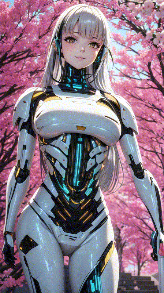 masterpiece, best quality, 1girl, yellow eyes, Beautiful face, delicate eyes, smile, long hair, white hair, tree, stairs, standing, sky, cherry blossoms, temple, looking at viewer, upper body, from below, looking back, ((Mecha)), young girl, Cyberpunk, CyberMechaGirl,CyberMechaGirl,robotic body,Cyberpunk