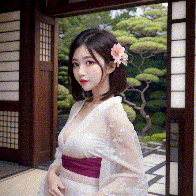 (best quality,masterpiece:1.2),ultra detailed,(photo realistic:1.4),solo,cute girl,upper body,japanese garden,from below,see-through_kimono