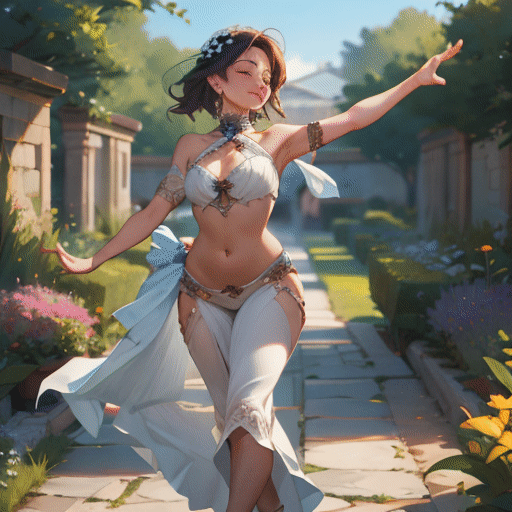 (best quality, masterpiece), Aphrodite, dancing a valzer, beautiful garden background 