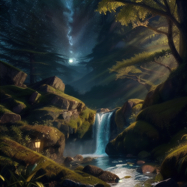 Captivating, moonlit waterfall surrounded by ethereal fairies and glowing fireflies, realistic, enchanting, magical, whimsical ambiance, ethereal beauty, nocturnal serenity, mystical presence, moss-covered rocks, twinkling stars, gentle cascades, mystical encounter, tranquil haven, enchanting allure