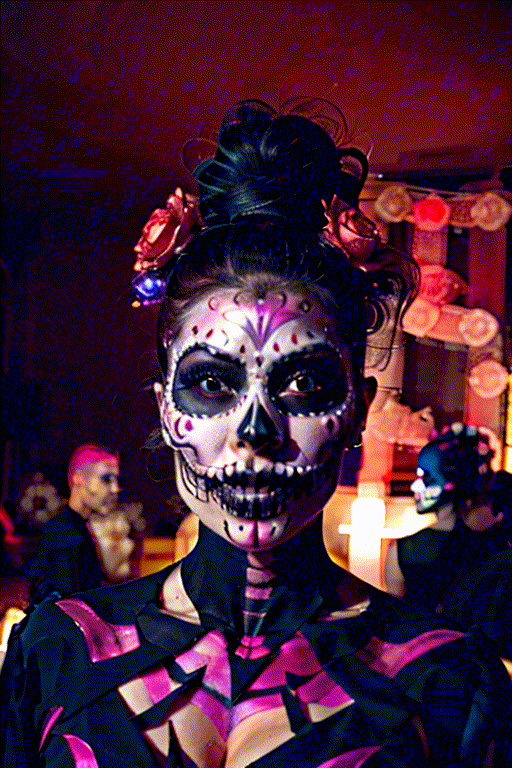 Woman looking at viewer,Woman in Catrina makeup, black, hair moving with wind, black gown, día de los muertos, sugar skull black and Dark red, HD, mid body video, gorgeous woman with sugar skull make-up, inside a church background, (PnMakeEnh),Catrina