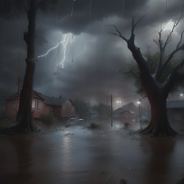 (masterpiece, best quality, highres:1.3), ultra resolution, realistic, (((animated heavy rain, high_res rain, detailed rain, density rain, foreground rain))), thunderstorm, stormy atmosphere, house, damaging plants, fallen trees and broken branches blown everywhere, (((water flooding))), lightnings on sky, dark evening, depth of field, detailed background,

