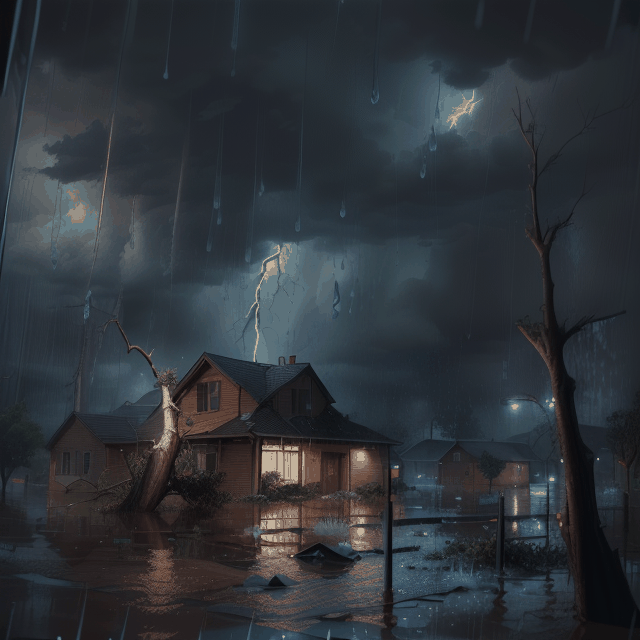 (masterpiece, best quality, highres:1.3), ultra resolution, realistic, (((animated heavy rain, high_res rain, detailed rain, density rain, foreground rain))), animated thunderstorm, stormy atmosphere, house, damaging plants, fallen trees and broken branches blown everywhere, (((water flooding))), lightnings on sky, dark evening, depth of field, detailed background,


