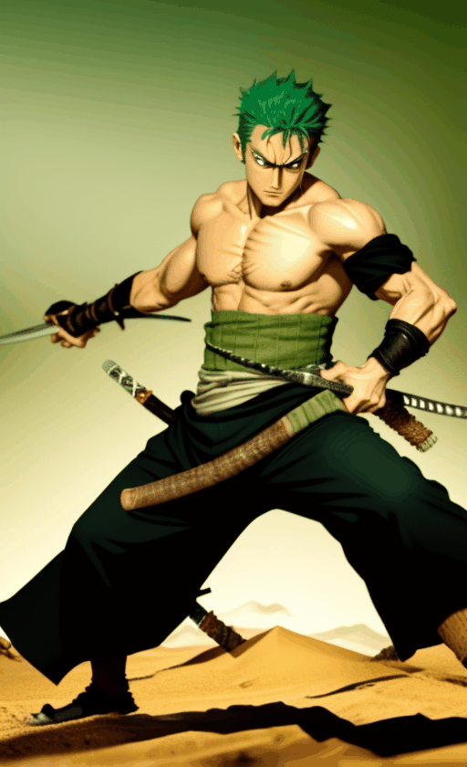 Generate a brief animation where Roronoa Zoro charges across a sand battlefield with his swords, quickly transitioning into a powerful fighting stance, ready for an epic battle.,roronoa zoro