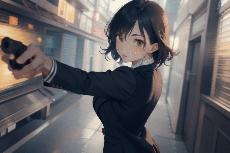 expressive eyes, perfect face, brown_eyes, skirt, blazer, (aiming at viewer, handgun, holding pistol), shooting, muzzle flash,realhands, back street