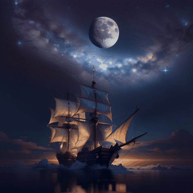 Pirate ship flying through the clouds in the night sky. Moon creating a glow. The Milky Way