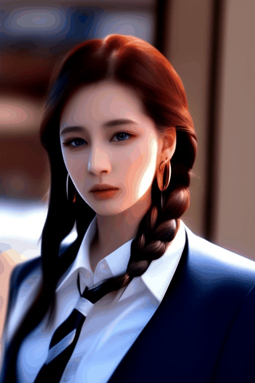 1girl, solo, long hair, looking at viewer, blue eyes, shirt, black hair, jewelry, closed mouth, jacket, white shirt, upper body, braid, earrings, collared shirt, belt, indoors, blurry, twin braids, lips, black jacket, window, blurry background, formal, suit, forehead, hoop earrings, realistic